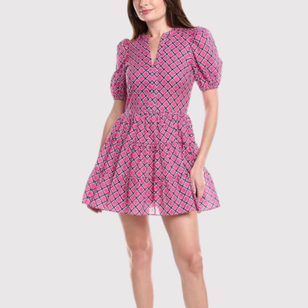 English Factory Womens Dress Pink Meredith Mini V Neck Puff Sleeve A Line Medium
